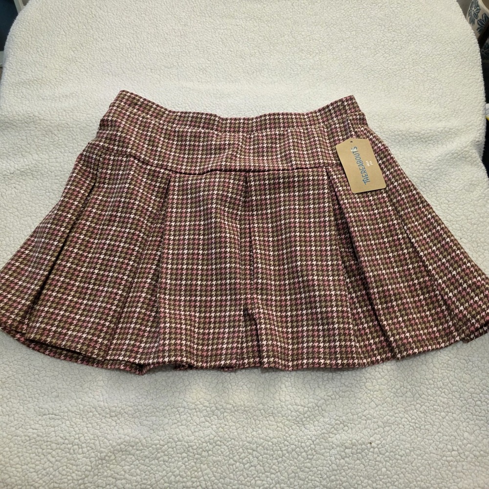 Thereabouts Girl Preppy Houndstooth Pleated Skirt L 14.5/16.5 Plus Pink Brown